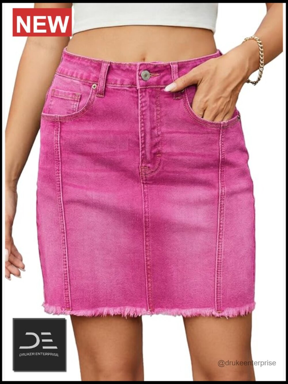 High Waist Stretch Denim Skirt Raw Hem Zip Fly - Picture 1 of 7